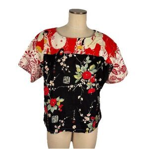 Artsy Boho Handmade Asian Floral Mixed Pattern Fabric Top Size medium - large